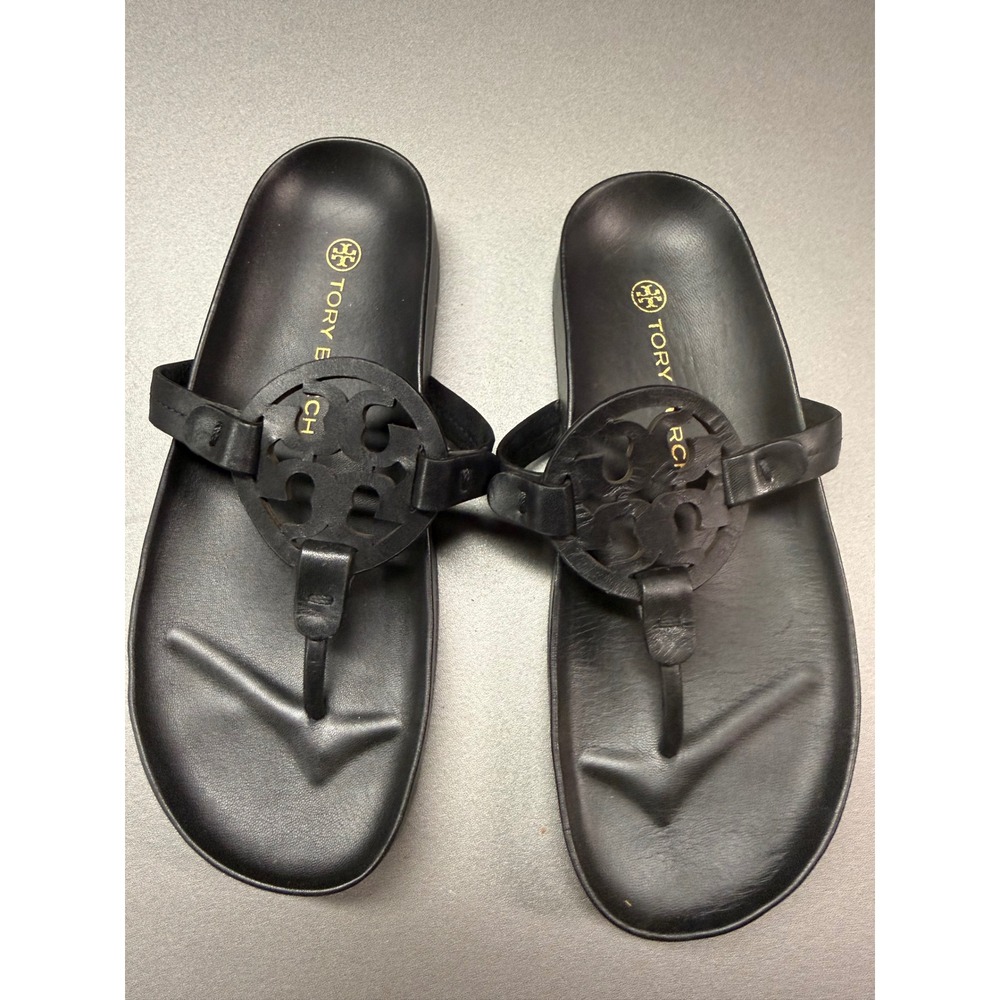 Tory Burch Miller Cloud Black Leather Thong Logo Platform Sandals Womens 7